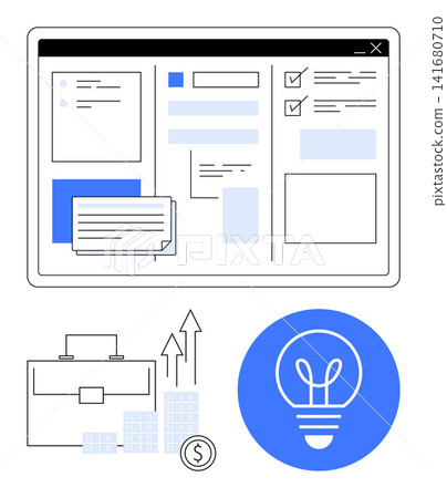 Business strategy, financial planning, workflow management, innovation, growth, productivity. Digital interface with checklist and icons of growth, briefcase and lightbulb. Business strategy Business strategy, financial planning, workflow management, innovation, growth, productivity. Digital interface with checklist and icons of growth, briefcase and lightbulb. Business strategy 141680710