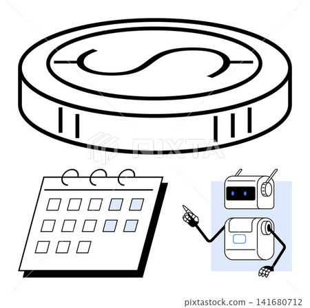 Financial planning, automation, digital payments, scheduling, technology, budgeting. Robot pointing at a calendar with a coin icon in the background. Financial planning and automation concepts Financial planning, automation, digital payments, scheduling, technology, budgeting. Robot pointing at a calendar with a coin icon in the background. Financial planning and automation concepts 141680712