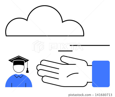 Online learning, cloud services, remote collaboration, digital access, education innovation, knowledge sharing. Graphic of a cloud, graduate icon and open hand. Online learning and cloud services 141680713