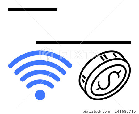 Digital payments, wireless networks, fintech, online transactions, connectivity, financial technology. A blue wireless symbol and a black outline of a dollar coin. Wireless networks and digital Digital payments, wireless networks, fintech, online transactions, connectivity, financial technology. A blue wireless symbol and a black outline of a dollar coin. Wireless networks and digital 141680719