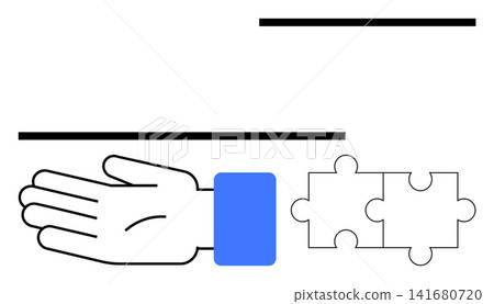 Collaboration, problem solving, teamwork, assistance, unity, connection. Vector of a hand and puzzle pieces in minimalistic black, white and blue. Collaboration and problem solving concepts Collaboration, problem solving, teamwork, assistance, unity, connection. Vector of a hand and puzzle pieces in minimalistic black, white and blue. Collaboration and problem solving concepts 141680720