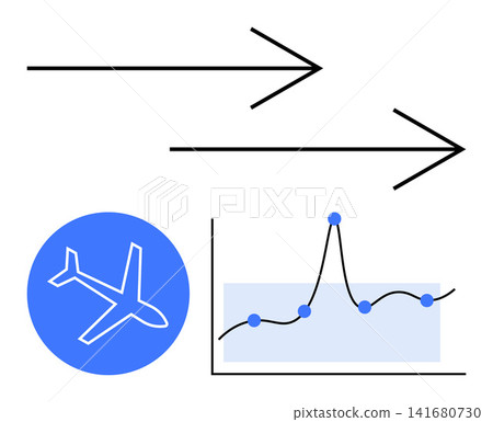 Aviation industry, data visualization, logistics, business analytics, air traffic, trend analysis. Airplane symbol, directional arrows graph with data points. Aviation industry and data 141680730