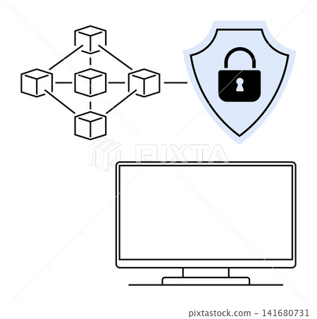 Blockchain technology, cybersecurity measures, data protection, network security, decentralization, secure computing. Icon-style blockchain network linked to a shield with a lock and a computer 141680731