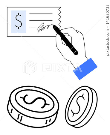 Finance, banking, transactions, payments, contracts investment. Hand signing a check with coins money. Financial transactions and banking concepts. Line metaphor. Simple line icons Finance, banking, transactions, payments, contracts investment. Hand signing a check with coins money. Financial transactions and banking concepts. Line metaphor. Simple line icons 141680732