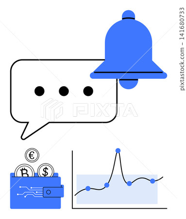 Financial technology, cryptocurrency, data analytics, investment management, savings tracking, economic updates. Digital wallet with coins, notification bell analytics graph. Financial technology Financial technology, cryptocurrency, data analytics, investment management, savings tracking, economic updates. Digital wallet with coins, notification bell analytics graph. Financial technology 141680733