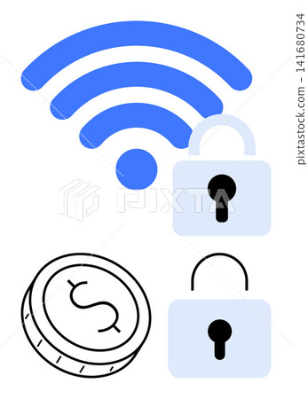 Internet safety, cybersecurity, online payments, data protection, digital security, electronic transactions. wireless icon with padlocks and coin symbol. Internet safety and cybersecurity Internet safety, cybersecurity, online payments, data protection, digital security, electronic transactions. wireless icon with padlocks and coin symbol. Internet safety and cybersecurity 141680734