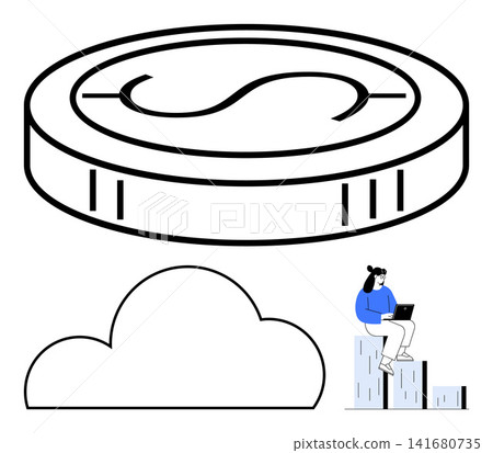 Financial technology, online banking, cloud computing, data analysis, remote work, digital transformation. A coin, cloud and person with a laptop. Financial technology and online banking visual Financial technology, online banking, cloud computing, data analysis, remote work, digital transformation. A coin, cloud and person with a laptop. Financial technology and online banking visual 141680735