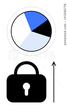 Online protection, business analytics, data privacy, growth strategy, cybersecurity trends, secure access. A lock, pie chart and upward arrow. Online protection and business analytics for secure 141680736