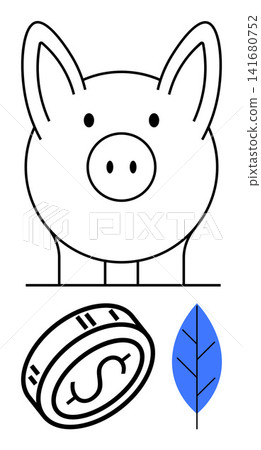 Personal finance, savings, eco-friendly practices, investments, fiscal planning, economic growth. Piggy bank, coin and leaf. Savings and eco-friendly practices concept Personal finance, savings, eco-friendly practices, investments, fiscal planning, economic growth. Piggy bank, coin and leaf. Savings and eco-friendly practices concept 141680752