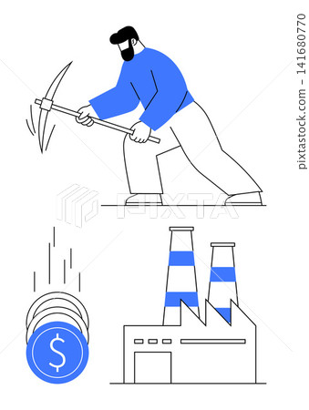 Cryptocurrency, economics, blockchain, financial systems, industrial production, digital assets. Person holding pickaxe, coins falling and factory structure. Cryptocurrency and economics visuals Cryptocurrency, economics, blockchain, financial systems, industrial production, digital assets. Person holding pickaxe, coins falling and factory structure. Cryptocurrency and economics visuals 141680770