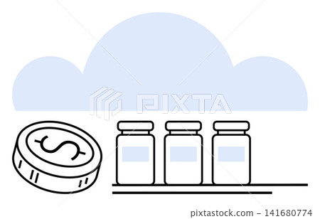 Healthcare, financial technology, cloud services, pharmaceutical management, cost analytics, digital storage. Coin and medicine bottles under a cloud graphic. Healthcare and financial technology Healthcare, financial technology, cloud services, pharmaceutical management, cost analytics, digital storage. Coin and medicine bottles under a cloud graphic. Healthcare and financial technology 141680774