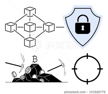 Blockchain technology, cybersecurity, cryptocurrency mining, digital finance, data protection, hacking prevention. Blockchain network, shield with lock, bitcoin mining tools target symbol Blockchain technology, cybersecurity, cryptocurrency mining, digital finance, data protection, hacking prevention. Blockchain network, shield with lock, bitcoin mining tools target symbol 141680779