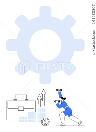 Business strategy, market analysis, finance, innovation, growth, technology. Large gear symbol, person with binoculars charts suitcase with upward arrows. Business strategy and market analysis Business strategy, market analysis, finance, innovation, growth, technology. Large gear symbol, person with binoculars charts suitcase with upward arrows. Business strategy and market analysis 141680807