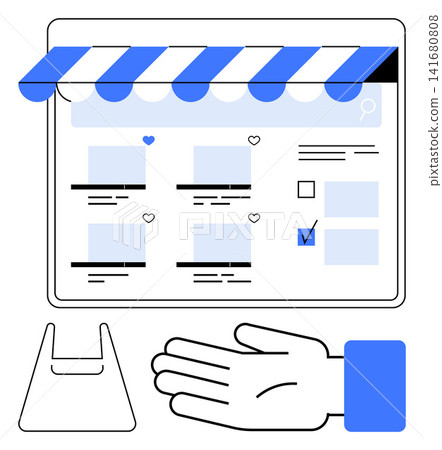 E-commerce, digital transactions, online stores, web design, retail marketing, customer interface. Tablet screen with shopping options, hand gesture and bag icon. E-commerce and digital transactions E-commerce, digital transactions, online stores, web design, retail marketing, customer interface. Tablet screen with shopping options, hand gesture and bag icon. E-commerce and digital transactions 141680808