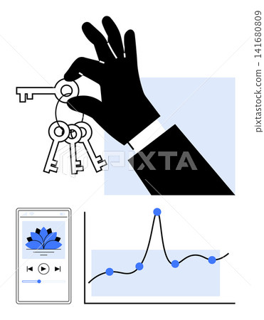 Digital security, data analytics, mobile technology, user access, decision-making, key management. A hand holds keys, a smartphone shows an interface and a graph displays trends. Digital security Digital security, data analytics, mobile technology, user access, decision-making, key management. A hand holds keys, a smartphone shows an interface and a graph displays trends. Digital security 141680809