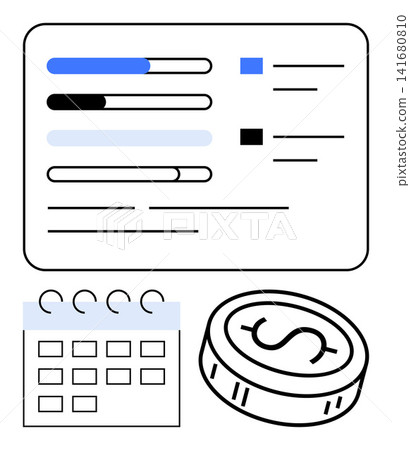Financial management, budgeting, progress tracking, expense planning, time management, personal finance. Progress bars, calendar coin icon. Budgeting and progress tracking concept Financial management, budgeting, progress tracking, expense planning, time management, personal finance. Progress bars, calendar coin icon. Budgeting and progress tracking concept 141680810