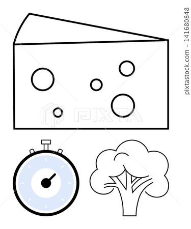 Time management, sustainability, nutrition, natural resources, organic food, healthy living. A cheese slice, stopwatch and tree outline. Time management and sustainability featured concepts Time management, sustainability, nutrition, natural resources, organic food, healthy living. A cheese slice, stopwatch and tree outline. Time management and sustainability featured concepts 141680848