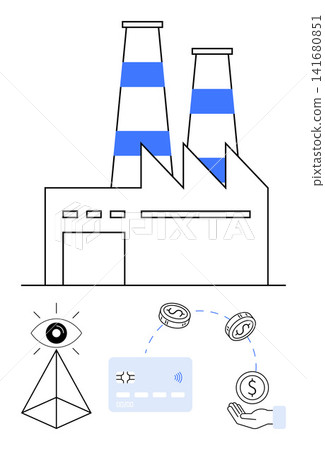 Industry, economy, fintech, automation, financial services, transactions. Factory building with chimneys, eye symbol financial icons money and card. Industry and economy concept Industry, economy, fintech, automation, financial services, transactions. Factory building with chimneys, eye symbol financial icons money and card. Industry and economy concept 141680851