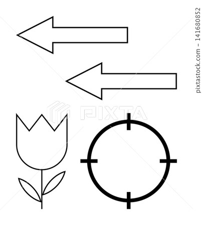 Navigation, direction, targeting, nature, minimalism, conceptual design. Two arrows, a stylized flower and a target symbol. Navigation and targeting concepts visually Navigation, direction, targeting, nature, minimalism, conceptual design. Two arrows, a stylized flower and a target symbol. Navigation and targeting concepts visually 141680852