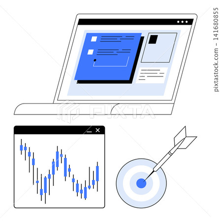 Business analytics, financial planning, stock trading, market research, investment strategies, goal setting. A laptop screen, stock market chart and target with an arrow. Business analytics Business analytics, financial planning, stock trading, market research, investment strategies, goal setting. A laptop screen, stock market chart and target with an arrow. Business analytics 141680855