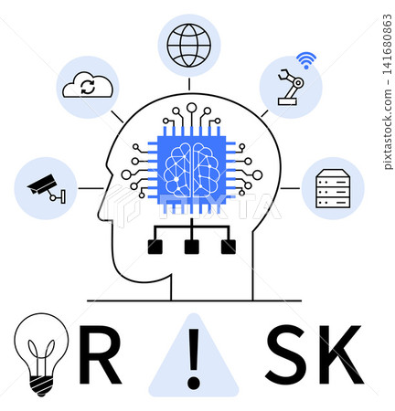 Artificial intelligence, decision making, risk analysis, safety technology, data security, automation. Head with a brain circuit surrounded by tech icons. AI and decision-making risk Artificial intelligence, decision making, risk analysis, safety technology, data security, automation. Head with a brain circuit surrounded by tech icons. AI and decision-making risk 141680863