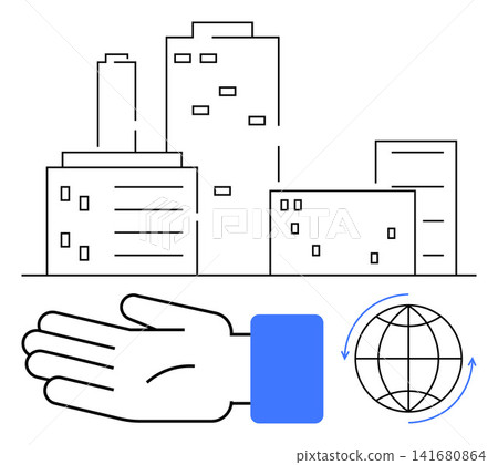 Urban growth, global commerce, sustainability, corporate impact, eco-friendly innovation, infrastructure. Hand extended, buildings globe with arrows. Urban growth and global commerce concept Urban growth, global commerce, sustainability, corporate impact, eco-friendly innovation, infrastructure. Hand extended, buildings globe with arrows. Urban growth and global commerce concept 141680864