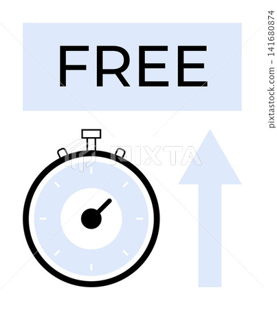 Marketing, promotions, time management, goal achievement, productivity, service benefits. Stopwatch, upward arrow and text FREE. Time management and marketing concepts 141680874