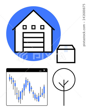 Logistics, data visualization, warehouse management, e-commerce, eco-friendly practices, financial systems. a warehouse, box graph and tree. Logistics and data visualization concepts 141680875