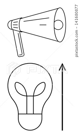 Business strategy, innovation, communication, leadership, creative thinking, growth. Black-and-white megaphone, lightbulb and upward arrow. Innovation and communication concept 141680877
