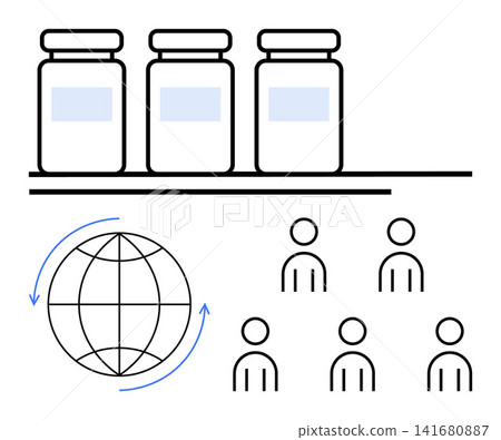 Global health, vaccination distribution, immunization access, pandemic control, public health initiatives, healthcare logistics. Medical vials, globe with arrows and human icons. Global health Global health, vaccination distribution, immunization access, pandemic control, public health initiatives, healthcare logistics. Medical vials, globe with arrows and human icons. Global health 141680887