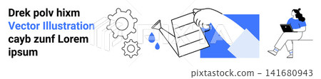 Business processes, workflow management, productivity tools, document handling, teamwork concepts, digital workspace. Illustrated gears, paper and a woman on a laptop. Workflow management Business processes, workflow management, productivity tools, document handling, teamwork concepts, digital workspace. Illustrated gears, paper and a woman on a laptop. Workflow management 141680943