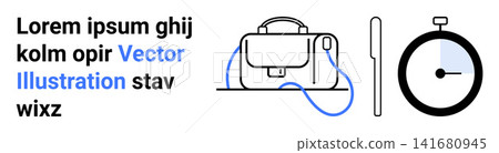 Time management, organization skills, productivity tools, business planning, visual communication, graphic design. Stopwatch, bag and text with a clean aesthetic. Time management and organization Time management, organization skills, productivity tools, business planning, visual communication, graphic design. Stopwatch, bag and text with a clean aesthetic. Time management and organization 141680945