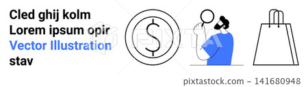 E-commerce, retail shopping, financial planning, money management, market analysis, consumer behavior. Currency icon, person analyzing with magnifying glass shopping bag. E-commerce and financial E-commerce, retail shopping, financial planning, money management, market analysis, consumer behavior. Currency icon, person analyzing with magnifying glass shopping bag. E-commerce and financial 141680948