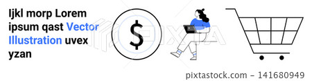 E-commerce, online payment, digital shopping, financial management, remote work, retail. Woman using laptop, dollar symbol shopping cart. Online payment and e-commerce business concept E-commerce, online payment, digital shopping, financial management, remote work, retail. Woman using laptop, dollar symbol shopping cart. Online payment and e-commerce business concept 141680949