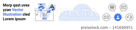 E-commerce platforms, cloud computing, digital communication, online stores, data management, remote transactions. Cloud illustration with online shopping and various icons. E-commerce and cloud 141680951