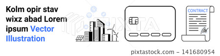 Sustainable energy, smart payment solutions, business agreements, eco-friendly cities, urban development, financial growth. Cityscape with turbines, credit card contract signature. Sustainable Sustainable energy, smart payment solutions, business agreements, eco-friendly cities, urban development, financial growth. Cityscape with turbines, credit card contract signature. Sustainable 141680954