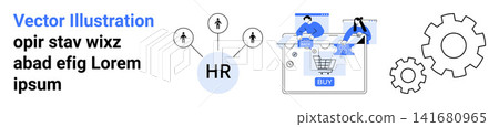 Business operations, human resources, e-commerce, analytics, teamwork, process automation. HR icons, shopping cart graphic and gear mechanisms. Human resources and e-commerce integration concept 141680965