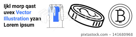Cryptocurrency, Bitcoin, e-commerce, retail industry, digital assets, blockchain technology. A Bitcoin symbol, coin ion and hanging clothing. Cryptocurrency and e-commerce concept Cryptocurrency, Bitcoin, e-commerce, retail industry, digital assets, blockchain technology. A Bitcoin symbol, coin ion and hanging clothing. Cryptocurrency and e-commerce concept 141680968