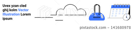 Technology, data security, cloud storage, digital scheduling, cloud computing, time management. Minimalistic icons of a cloud, a lock and a calendar. Data security and cloud storage concept Technology, data security, cloud storage, digital scheduling, cloud computing, time management. Minimalistic icons of a cloud, a lock and a calendar. Data security and cloud storage concept 141680978