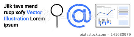 Data analysis, search optimization, business analytics, marketing trends, information technology, digital communication. Magnifying glass, at symbol and analytics chart. Data analysis and search 141680979
