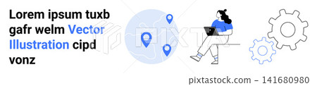 Remote work, digital tools, navigation, technology, global connectivity, productivity. Person using laptop next to globe with location pins, gears. Remote work and digital tools concept Remote work, digital tools, navigation, technology, global connectivity, productivity. Person using laptop next to globe with location pins, gears. Remote work and digital tools concept 141680980