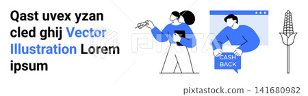 E-commerce, cashback programs, customer engagement, online transactions, digital marketing, agriculture. Person holding cashback sign, another with a document a corn illustration. Cashback programs E-commerce, cashback programs, customer engagement, online transactions, digital marketing, agriculture. Person holding cashback sign, another with a document a corn illustration. Cashback programs 141680982