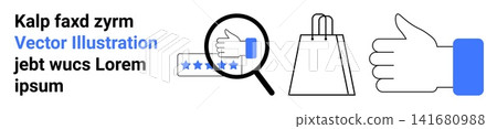 User feedback, e-commerce, shopping, customer satisfaction, digital marketing, quality evaluation. Magnifying glass over a thumbs-up and star rating, shopping bag thumbs-up icon. User feedback User feedback, e-commerce, shopping, customer satisfaction, digital marketing, quality evaluation. Magnifying glass over a thumbs-up and star rating, shopping bag thumbs-up icon. User feedback 141680988
