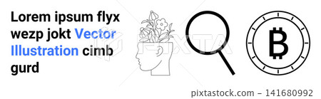 Mental health, research, cryptocurrency, innovation, mindfulness, digital assets. A head with flowers, a magnifying glass and a Bitcoin symbol. Mental health and research visually Mental health, research, cryptocurrency, innovation, mindfulness, digital assets. A head with flowers, a magnifying glass and a Bitcoin symbol. Mental health and research visually 141680992