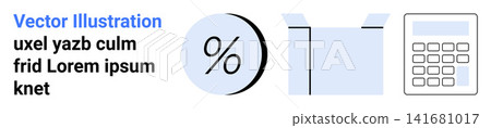 Business strategy, e-commerce, financial planning, calculation, discount offers, organizational tools. Minimalist graphics of a percent symbol, an open box and a calculator. E-commerce and financial Business strategy, e-commerce, financial planning, calculation, discount offers, organizational tools. Minimalist graphics of a percent symbol, an open box and a calculator. E-commerce and financial 141681017