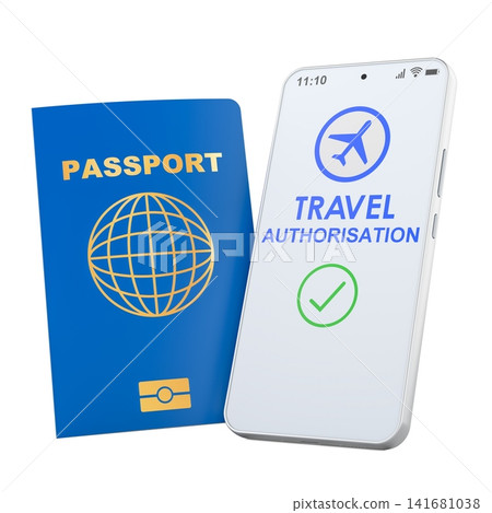 Approved electronic travel authorization on smartphone with passport. 3D rendering Approved electronic travel authorization on smartphone with passport. 3D rendering 141681038