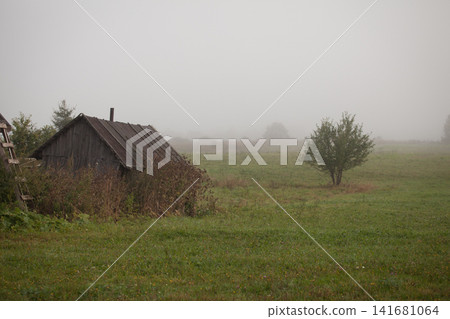 Thick morning fog hides trees behind rural wooden shed Thick morning fog hides trees behind rural wooden shed 141681064