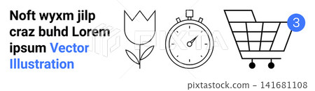 E-commerce, time management, floral design, digital notifications, retail shopping, minimalism. Black and white tulip, stopwatch shopping cart and blue number icon. E-commerce and time management E-commerce, time management, floral design, digital notifications, retail shopping, minimalism. Black and white tulip, stopwatch shopping cart and blue number icon. E-commerce and time management 141681108
