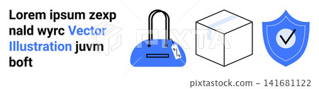 E-commerce, product safety, delivery services, logistics, shipping, fraud prevention. Illustrated bag, sealed box shield with checkmark. E-commerce and product safety concept E-commerce, product safety, delivery services, logistics, shipping, fraud prevention. Illustrated bag, sealed box shield with checkmark. E-commerce and product safety concept 141681122