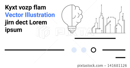 Innovation, urban development, technology, smart cities, creativity, modern design. Light bulb with brain pattern and a smart city outline. Innovation and urban development concept Innovation, urban development, technology, smart cities, creativity, modern design. Light bulb with brain pattern and a smart city outline. Innovation and urban development concept 141681126